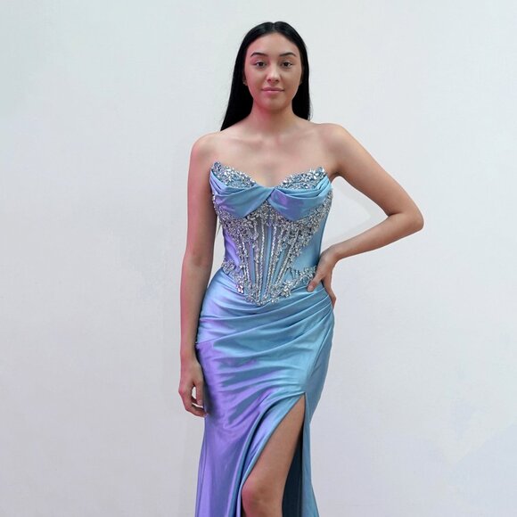 New Rhinestones Embellished Long Prom Gown w/ Lace Up Back & Leg Slit JT2706K - Picture 1 of 8
